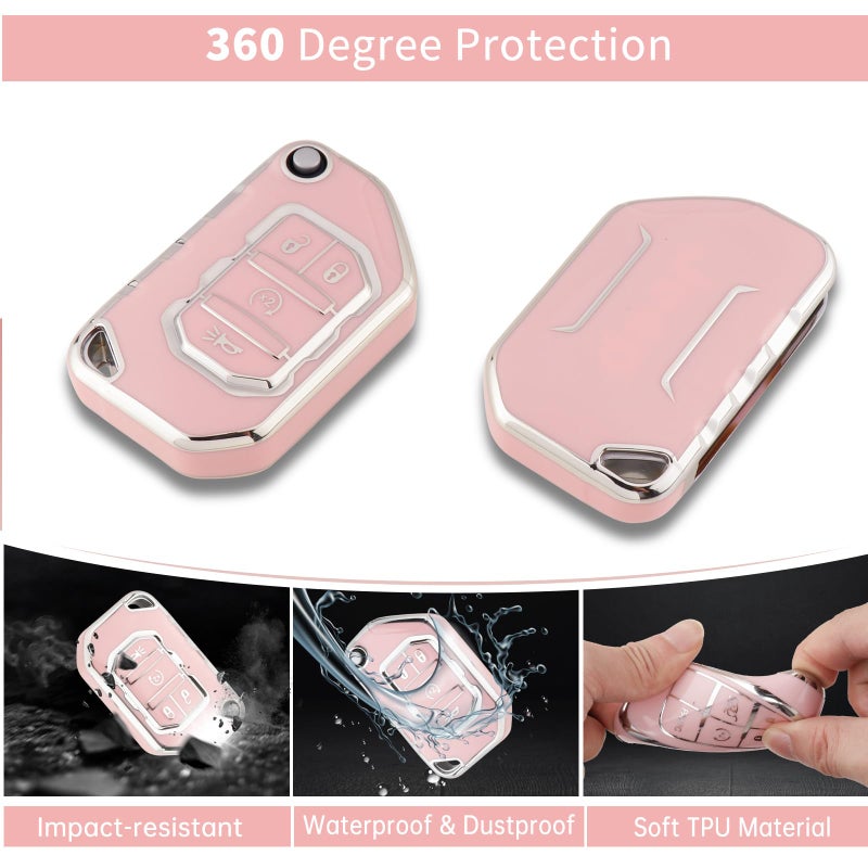 Pangpai Pink Key Fob Cover for Jeep, Soft TPU Key Case Protection with Bling Keychain Fit for 2018-2022 Jeep Gladiator Wrangler Sahara Rubicon - Image 3